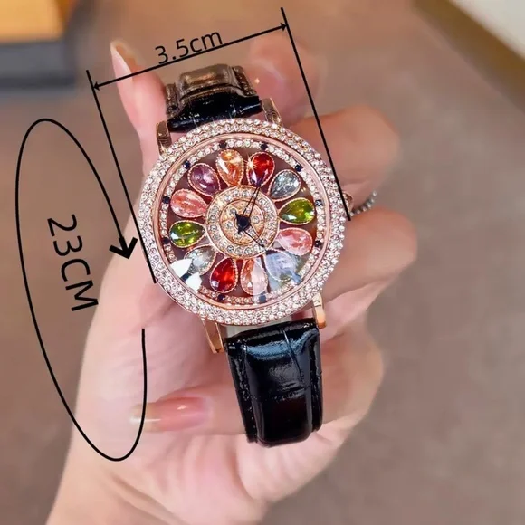 Luxury Rotating Petal Flower Dial Diamond Crystal Watch - Picture 5 of 14